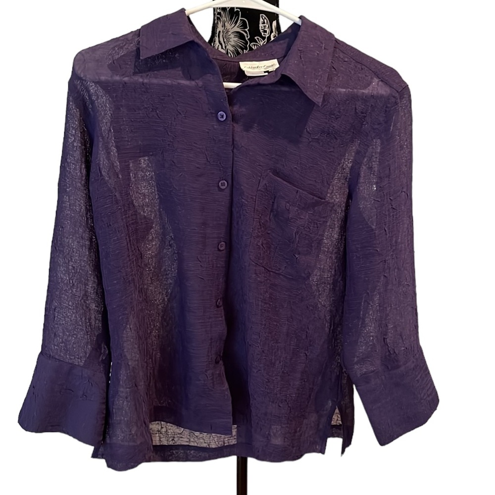 Coldwater  Creek size medium purple semi sheer button down shirt 3/4 sleeves